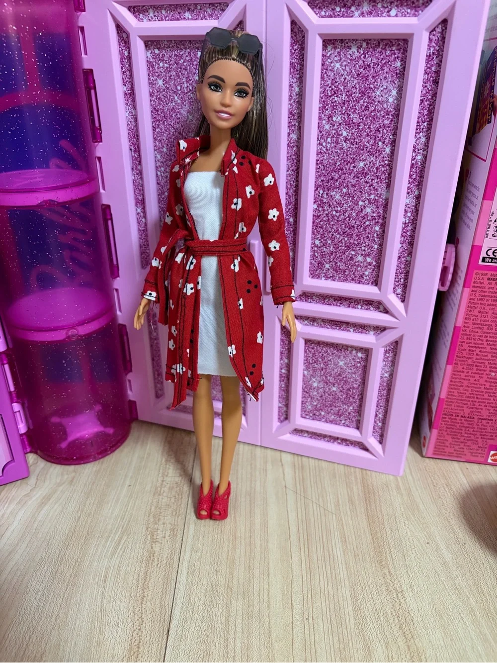 Barbie Fashion Doll Trench Coat with Knit Dress and Sunglasses - Blue White
